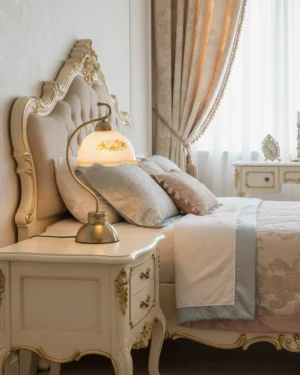 Bellevine vintage table lamp positioned on French neoclassical bedroom nightstand with cream gilt decor