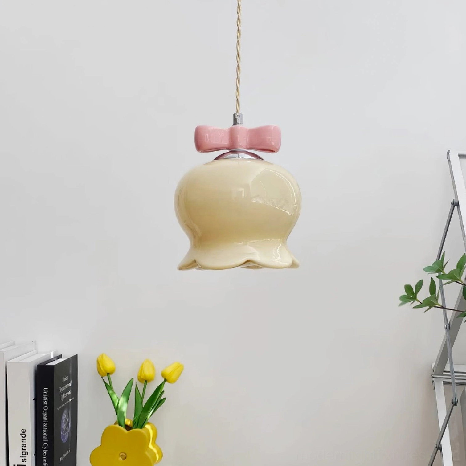 Bellflower ceramic pendant light with bow accent detail for modern home decor