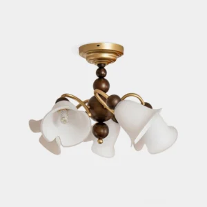 Bellflower semi-flush ceiling light with five frosted glass flower-shaped shades on white background, modern floral fixture design