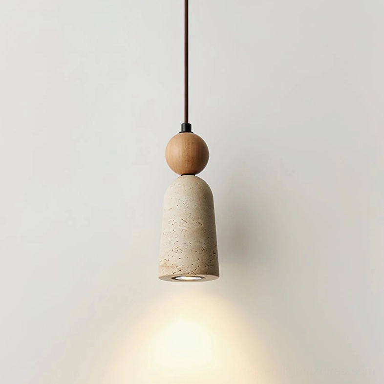 Bellin pendant lamp with wood color and beige travertine shade in minimalist interior design scheme