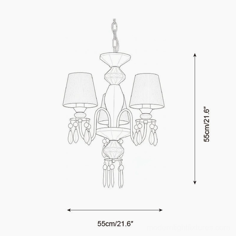 Bellina 3-head chandelier technical design drawing showing dimensions 55cm diameter and height specifications