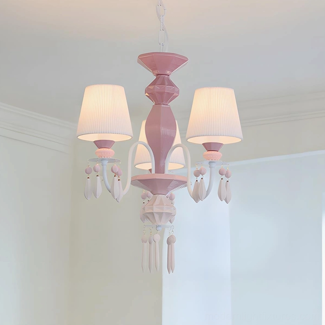 Bellina 3-head compact chandelier with pink ceramic shades and white metal framework detail view