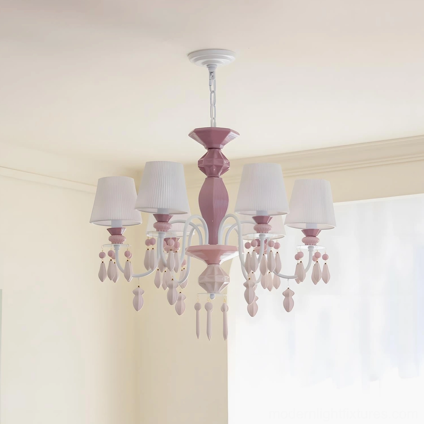 Bellina 3-head blush pink chandelier in contemporary interior space with minimalist modern design