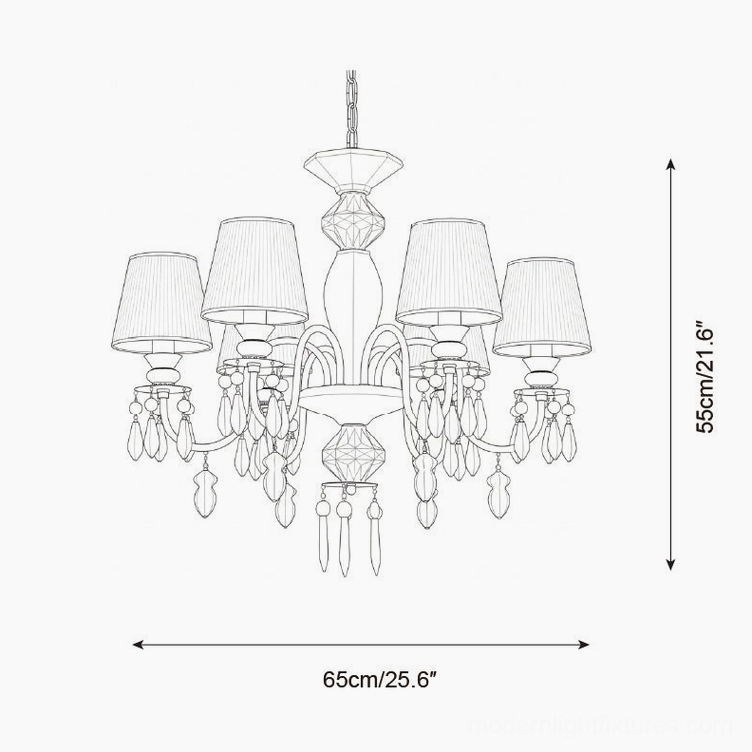Bellina 6-head crystal chandelier orthographic design specifications - 65cm width 55cm height