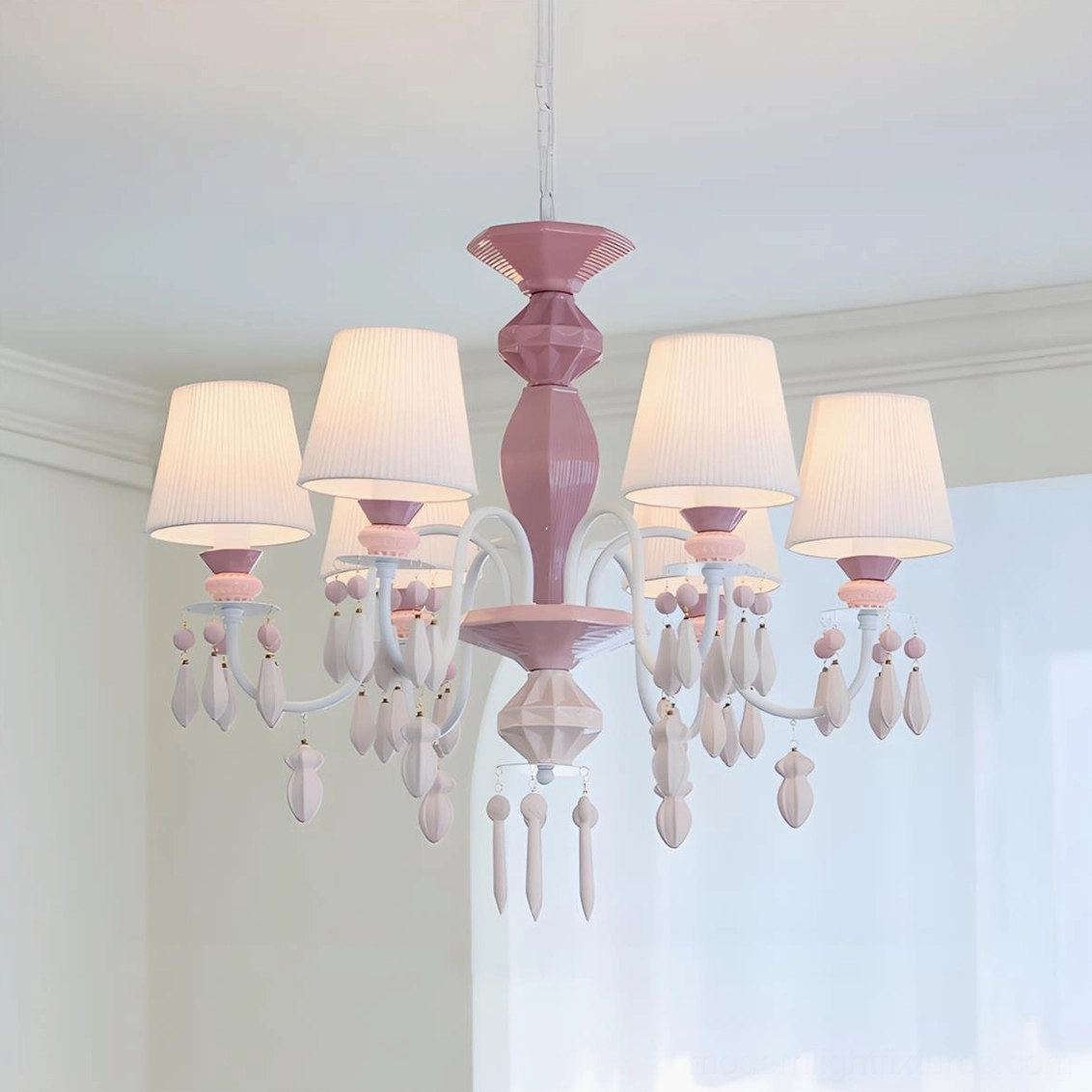 Bellina 6-head pink and white crystal chandelier elegant display in luxury home setting