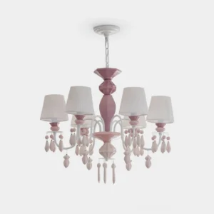 Bellina blush pink and white crystal chandelier studio shot - soft glam design with pleated ceramic shades and faceted central column