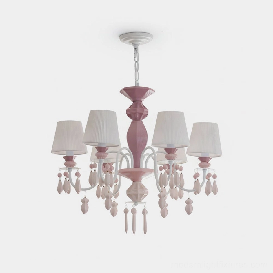 Bellina blush pink and white crystal chandelier studio shot - soft glam design with pleated ceramic shades and faceted central column