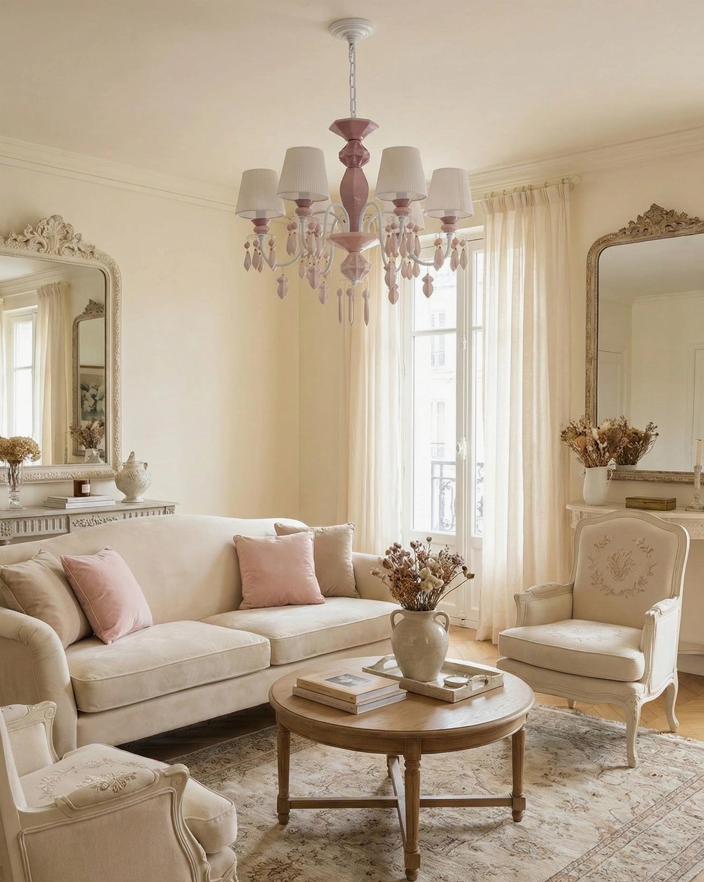 Bellina pink crystal chandelier in French-style sitting room with beige neutral home decor