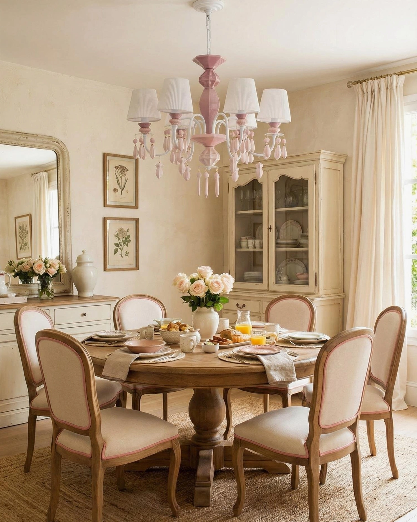 Bellina soft glam chandelier full overhead view highlighting pink metal frame and white fabric shades