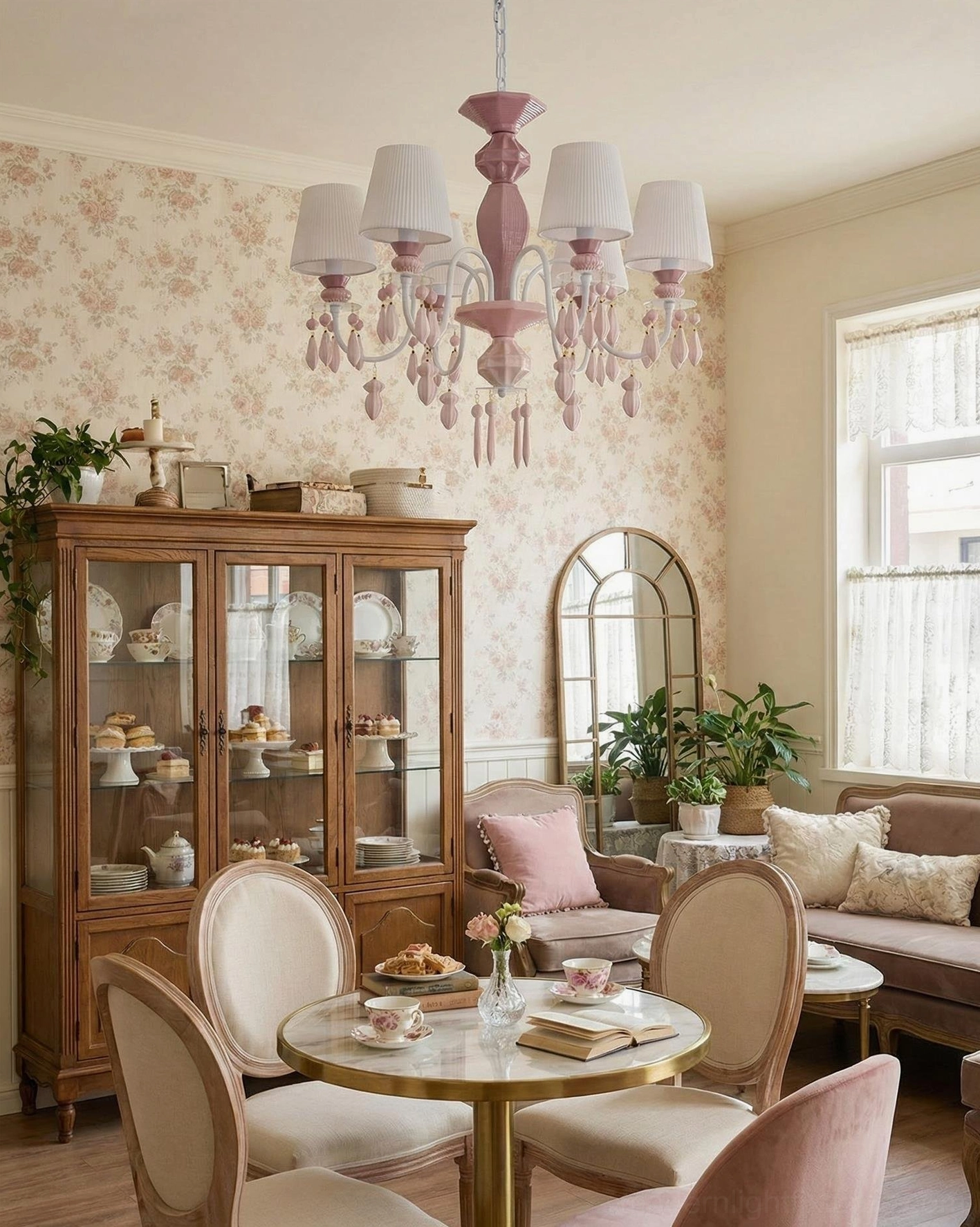 Bellina soft glam chandelier in vintage floral dining room with pastel decor and romantic aesthetic