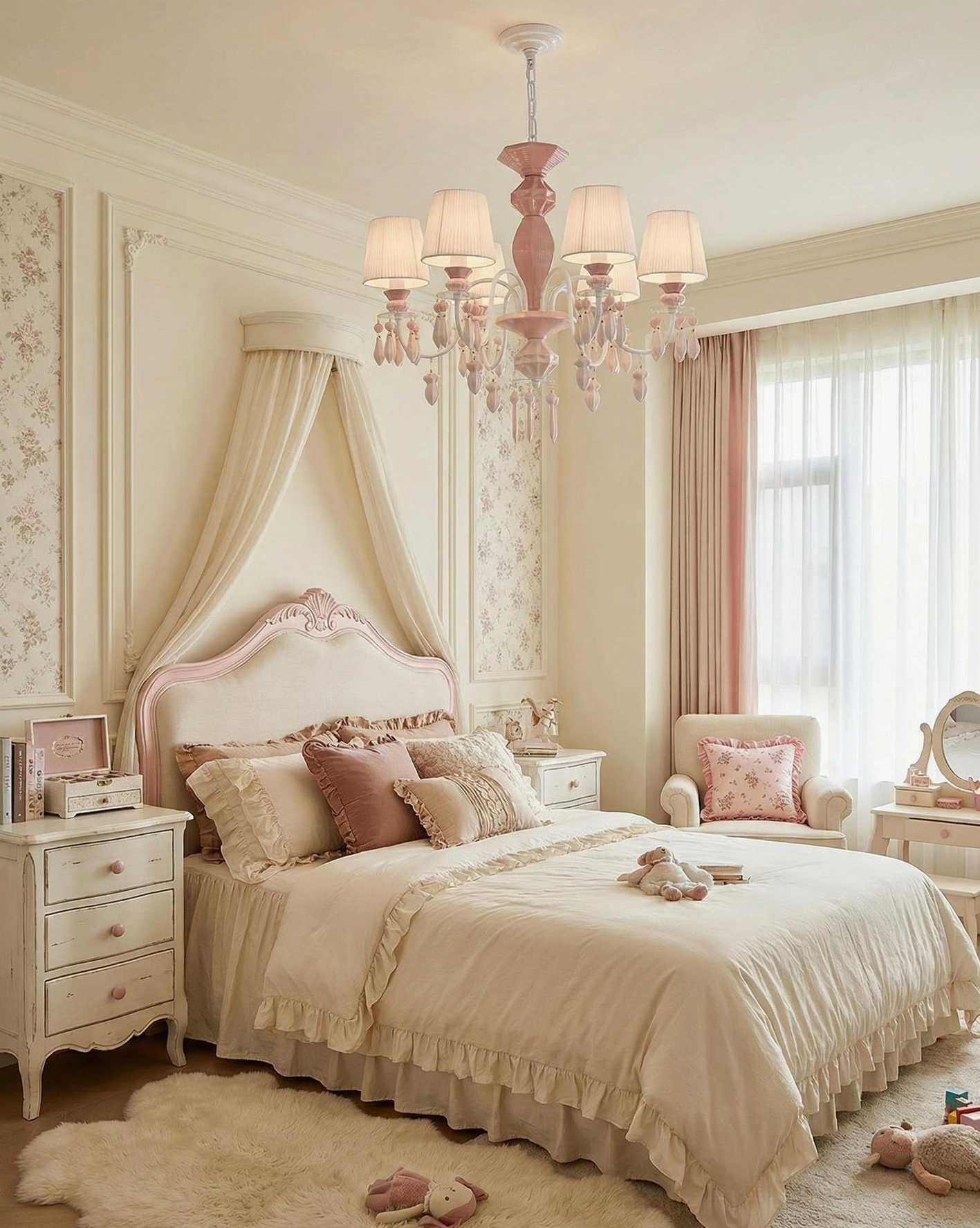 Bellina pink crystal chandelier installed in luxury French-style master bedroom with warm ambient lighting