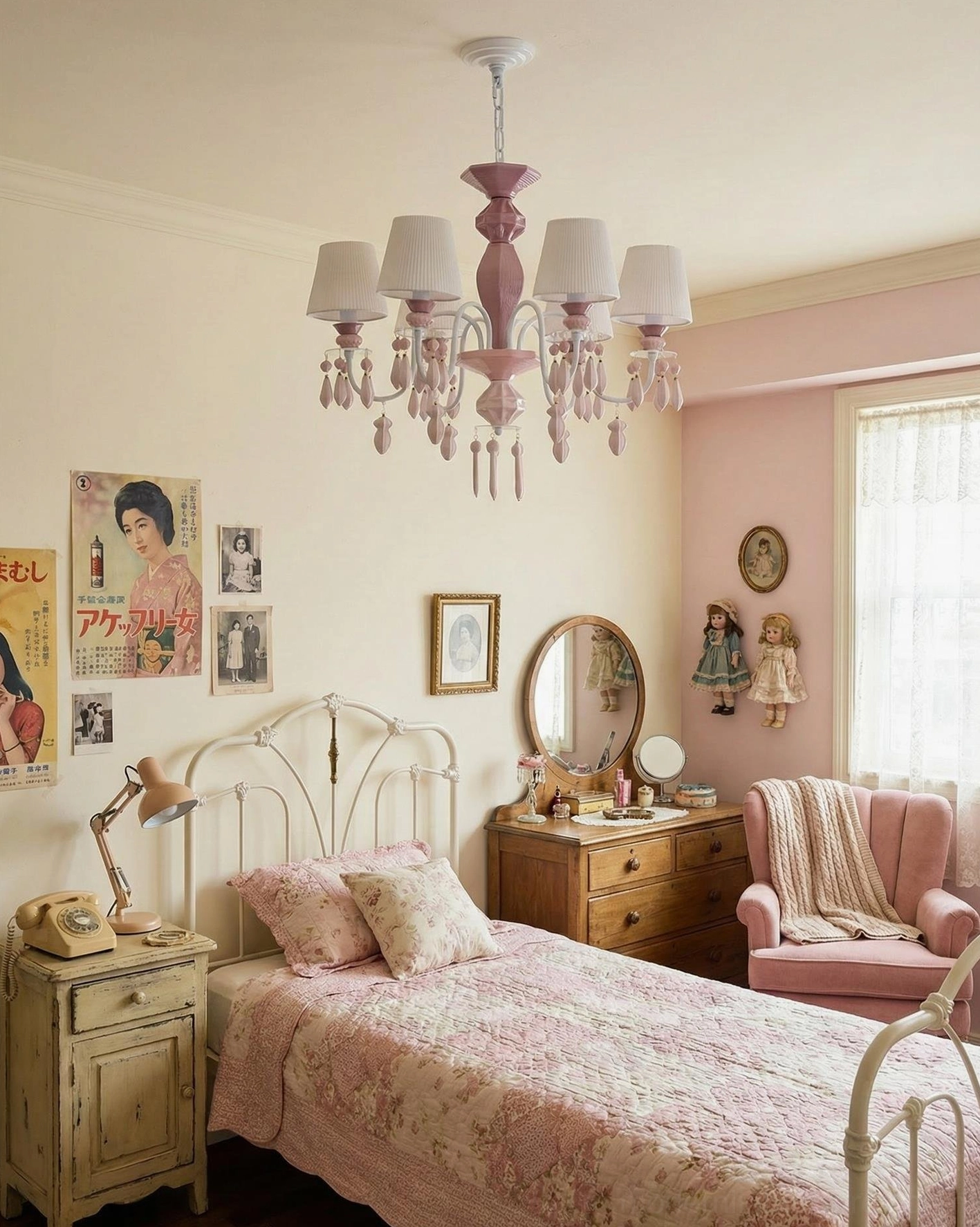 Bellina blush pink chandelier in teen bedroom with pastel pink walls and soft glam interior styling