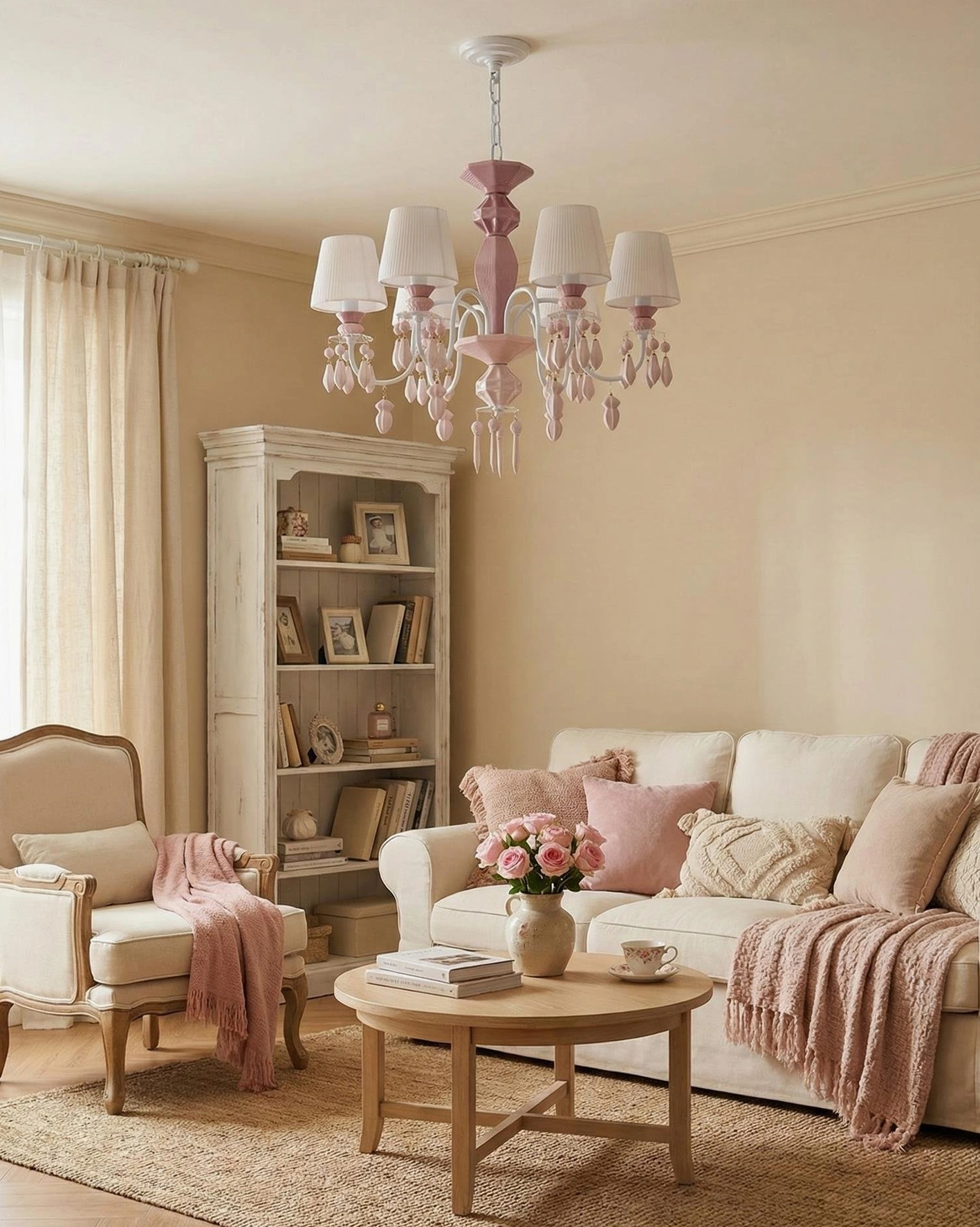 Bellina blush pink pendant chandelier in cozy pastoral living room with warm soft textile accents