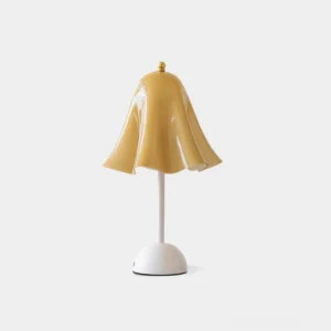 Bellis ruffled glass table lamp front view studio shot with white metal base and sculptural shade