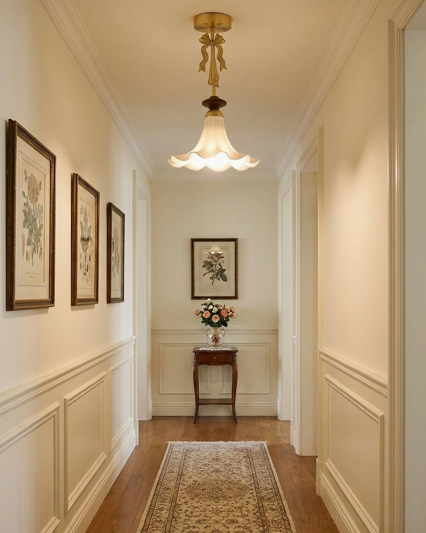 Bellora mini pendant light in hallway with classic wainscoting and vintage residential corridor setting