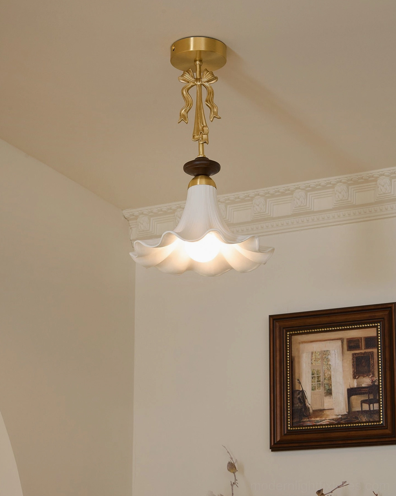 Bellora semi-flush ceiling light with hand-pleated ceramic shade showing scalloped ruffled hem opening downward