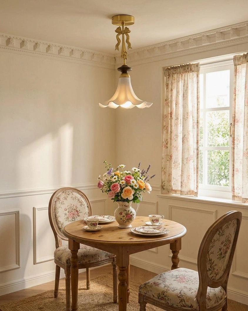 Bellora pendant light above small dining nook table with floral curtain decor and warm French country residential interior