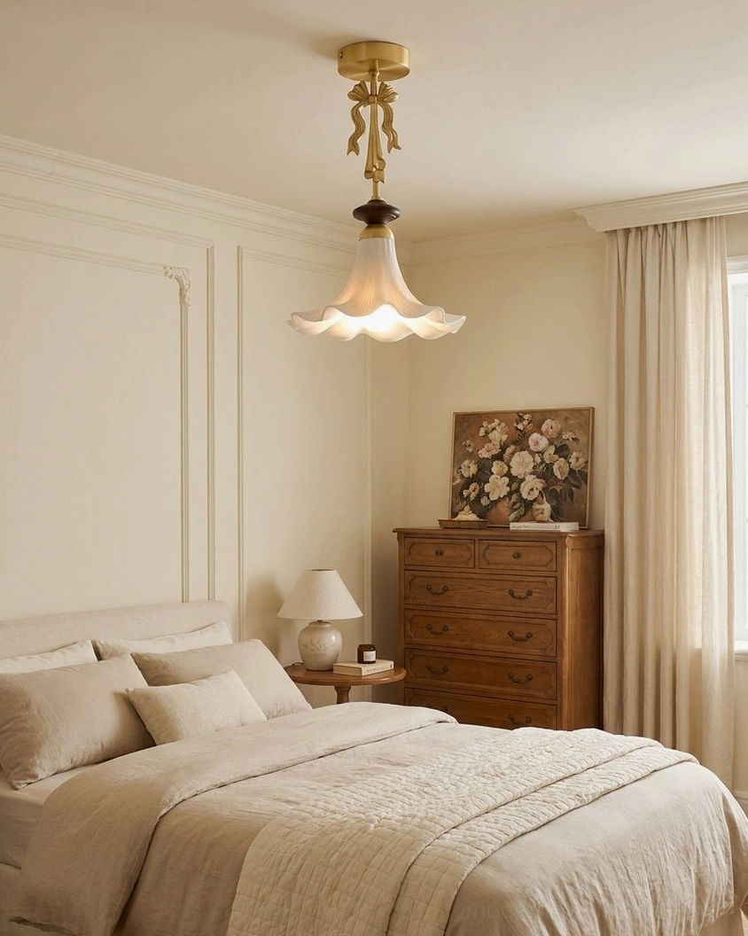 Bellora semi-flush fixture in master bedroom with warm neutral French country bedroom decor and soft ambient lighting
