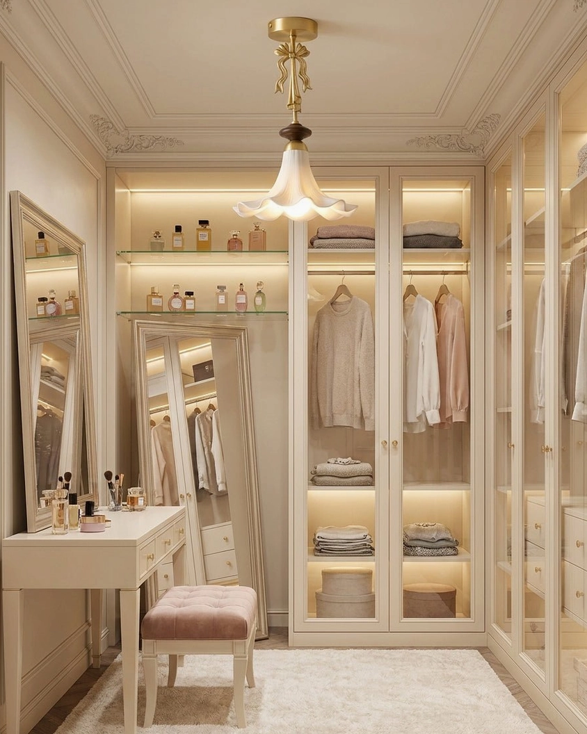 Bellora vintage semi-flush ceiling light in walk-in closet with elegant dressing room residential design and brass fixtures