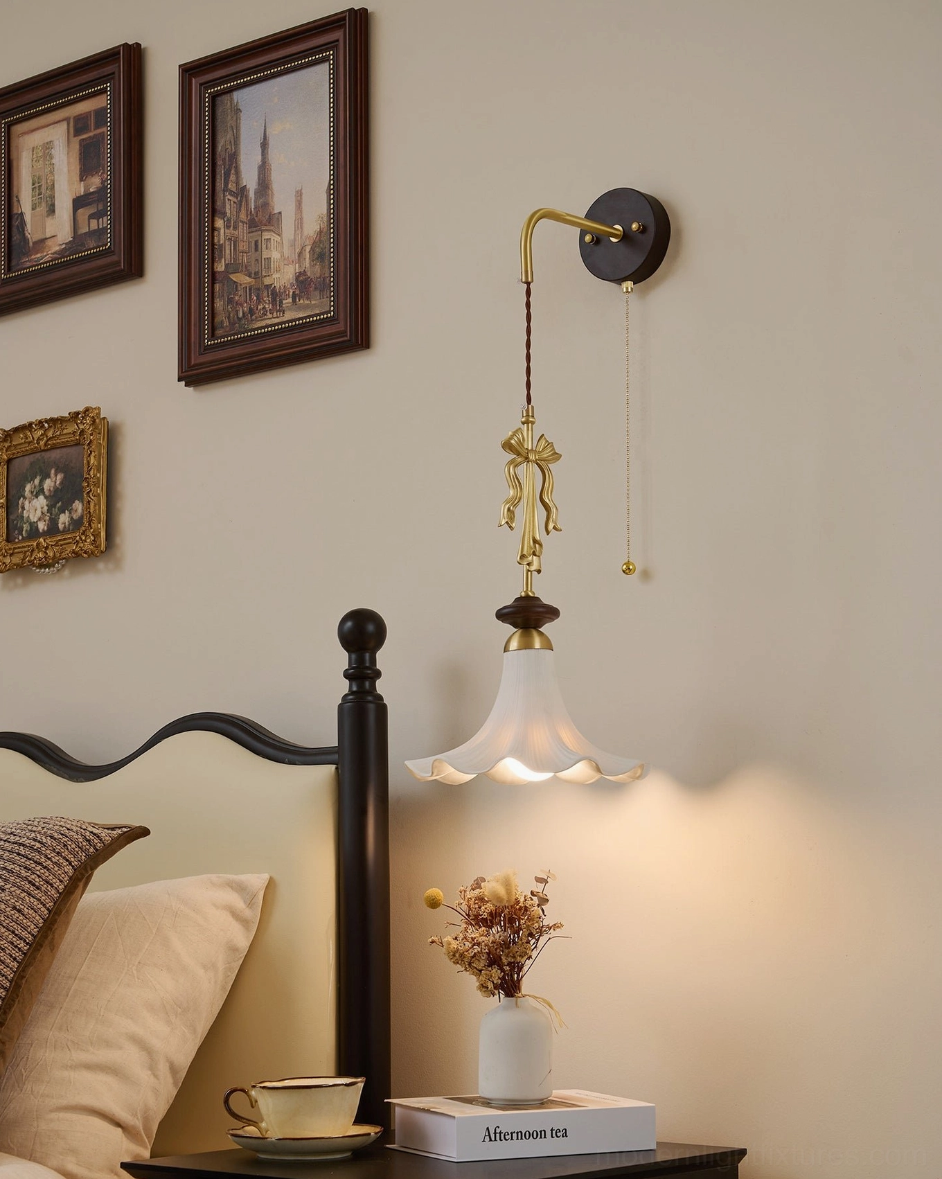 Bellora wall sconce materials - walnut wood, ceramic frosted glass, and brass construction detail