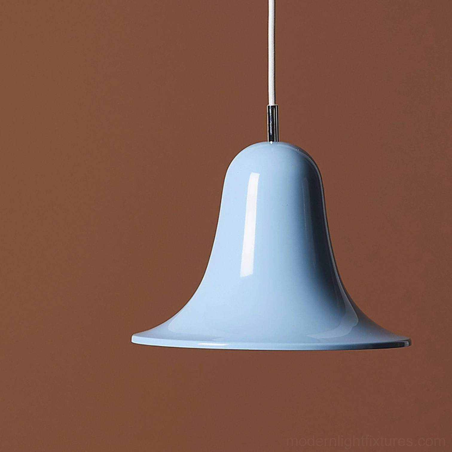 Light blue Bells ceiling pendant lamp with glossy finish, direct front view against solid background, modern hanging light fixture