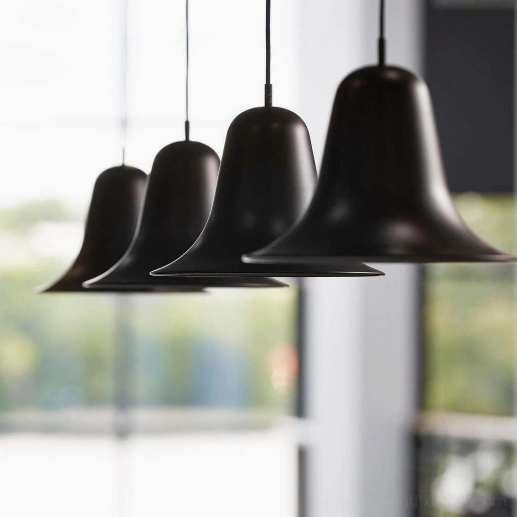 Bells ceiling pendant lamp in bedroom ambient lighting setting, contemporary bedroom fixture minimalist aesthetic