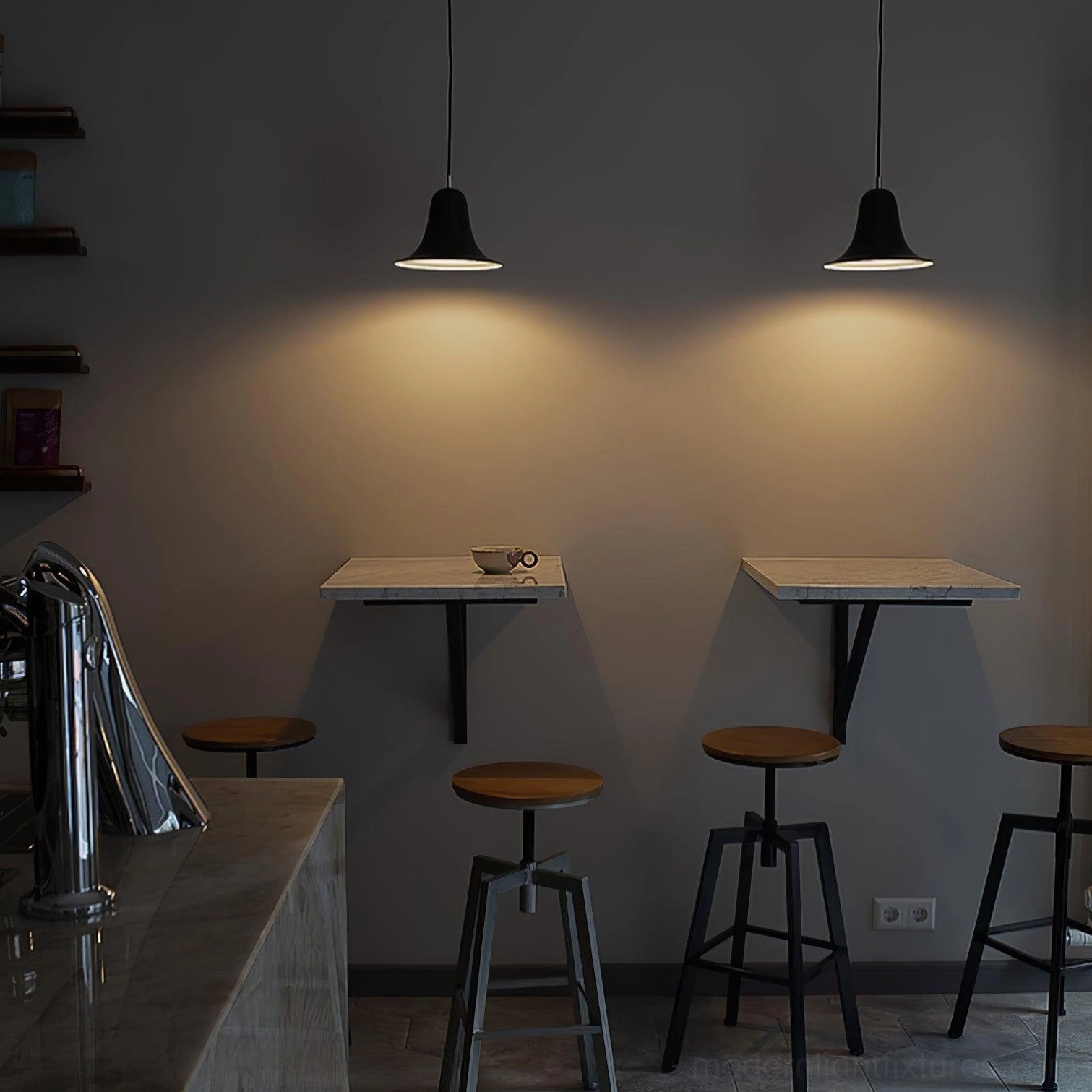 Bells ceiling pendant lamp in contemporary living space, modern minimalist interior with functional ambient lighting