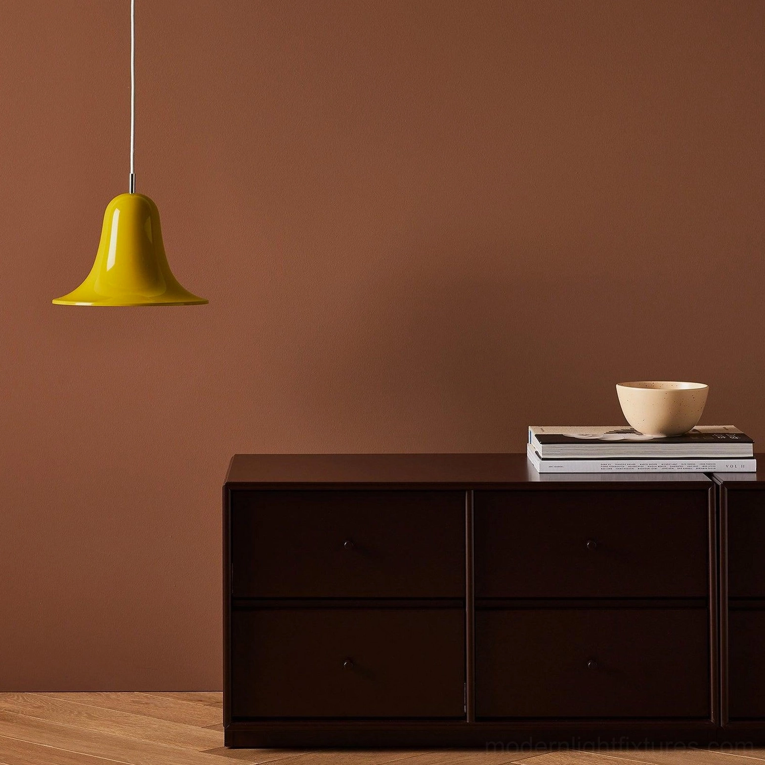 Bells pendant light installation example, hanging ceiling fixture in transitional interior design setting, room application