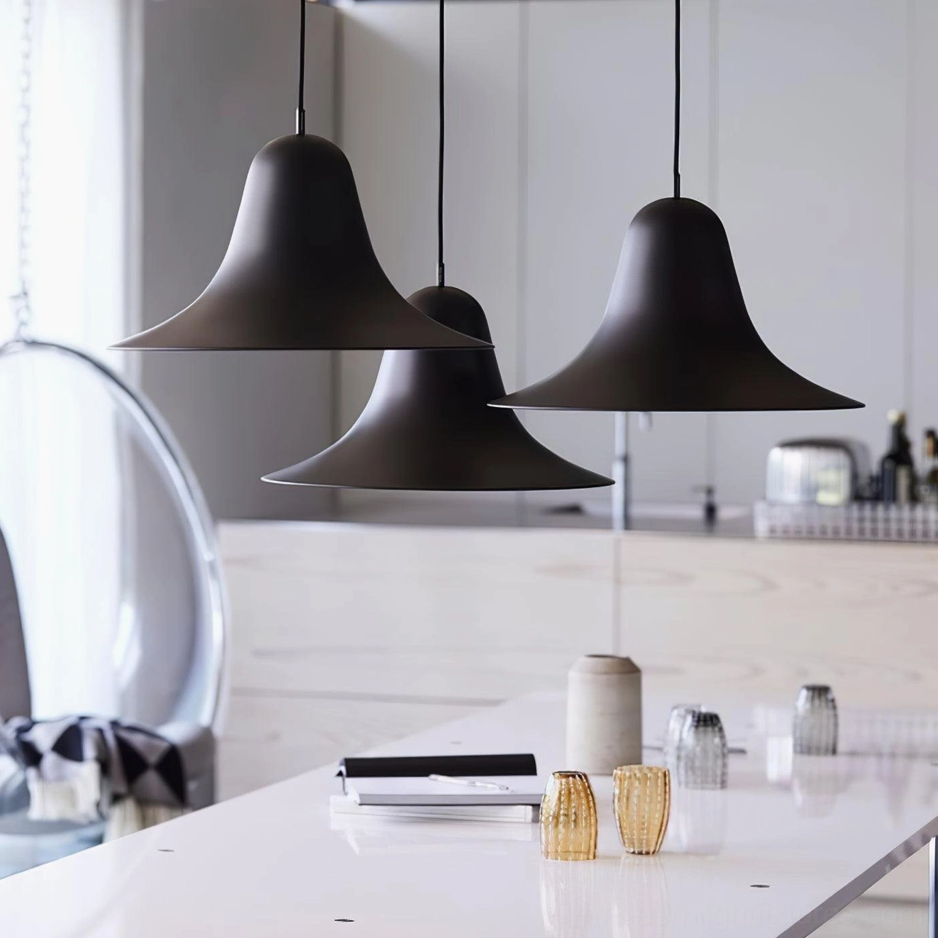 Bells pendant light in kitchen island breakfast bar setting, modern pendant lamp overhead counter lighting application