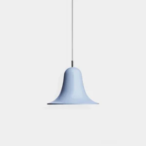 Modern Bells pendant light with glossy light blue finish, front view on minimalist white background, contemporary ceiling lamp