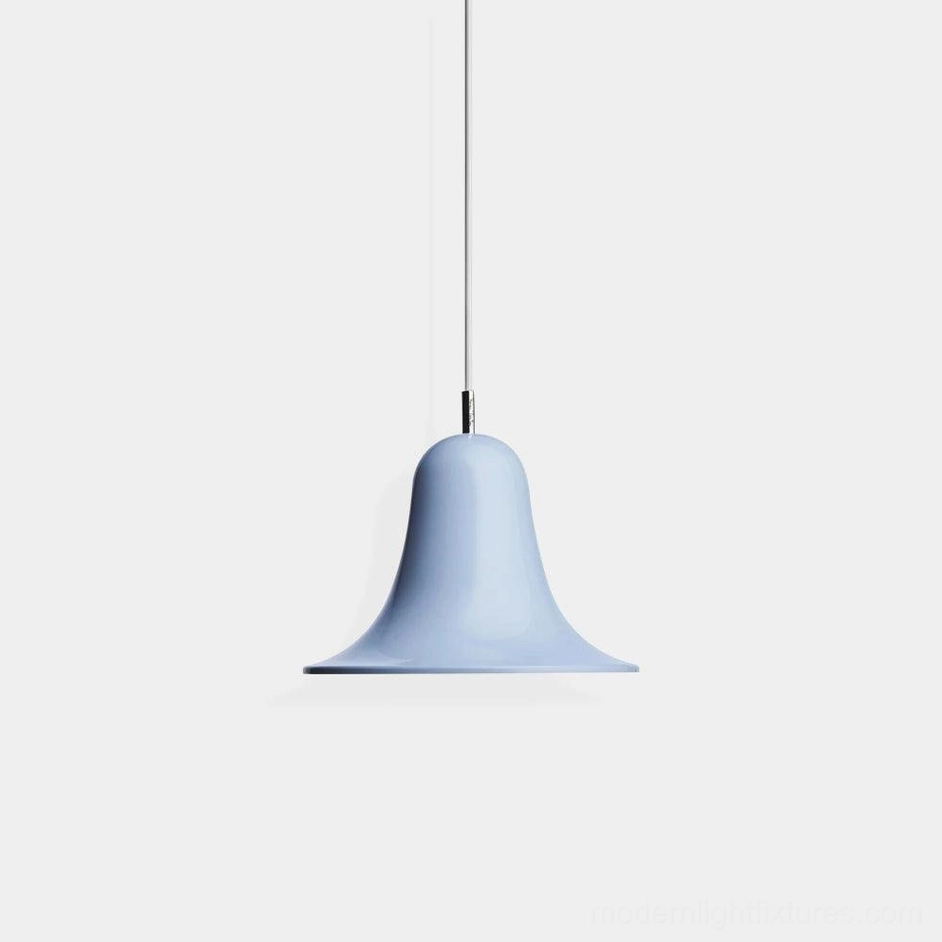 Modern Bells pendant light with glossy light blue finish, front view on minimalist white background, contemporary ceiling lamp