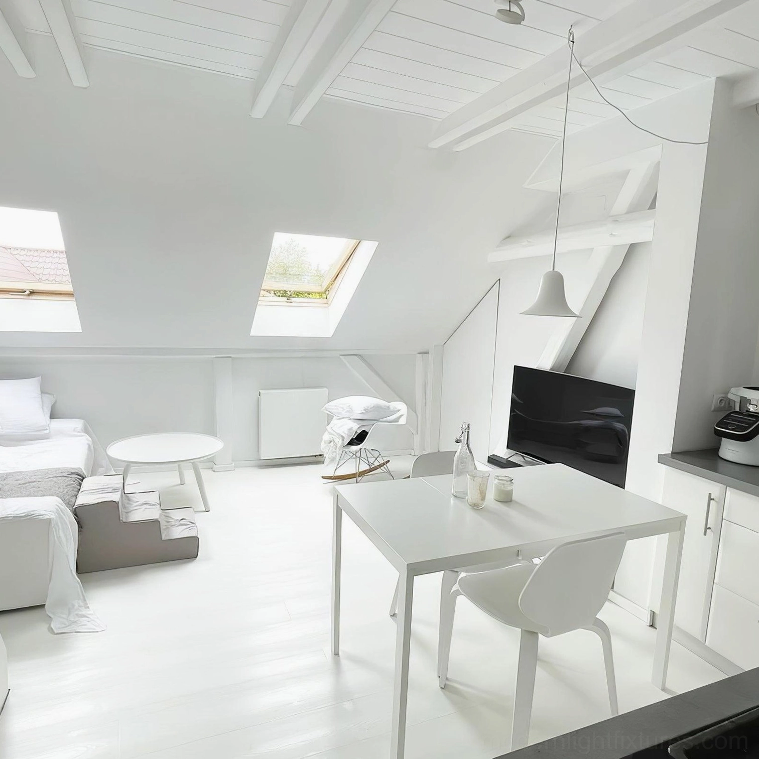 Bells pendant lamp in minimalist dining table setting, contemporary overhead lighting, modern interior design application