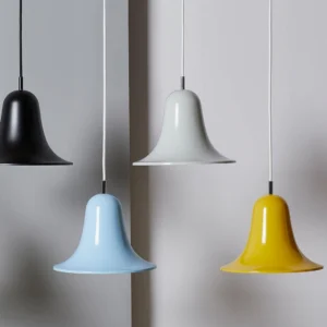 Multi-color Bells pendant lamps collection showing matte black, white, light blue, and additional color variants, Nordic design aesthetic