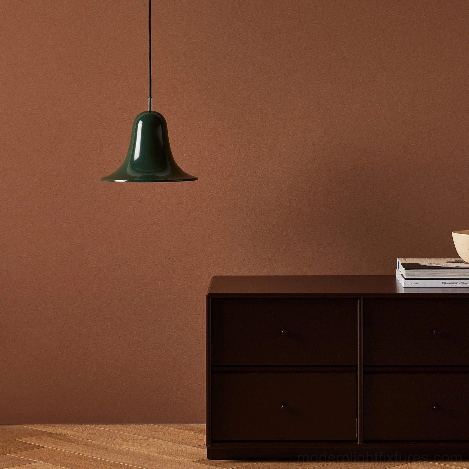 Bells modern pendant lamp overhead view, ceiling light fixture showing silhouette and shape proportions from above