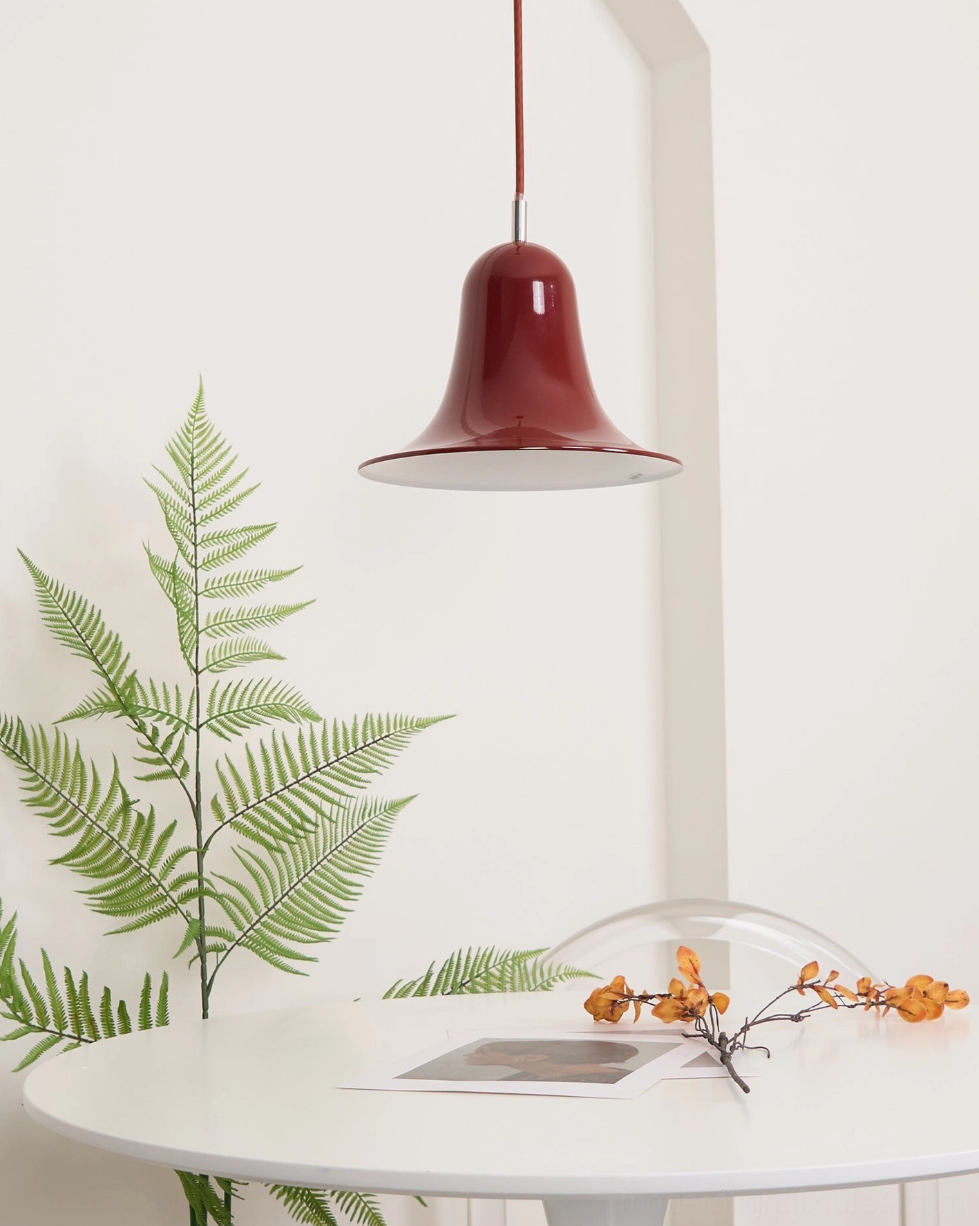 Pink and beige Bells pendant lamps paired styling, dual color contemporary pendants in white wainscoting dining area