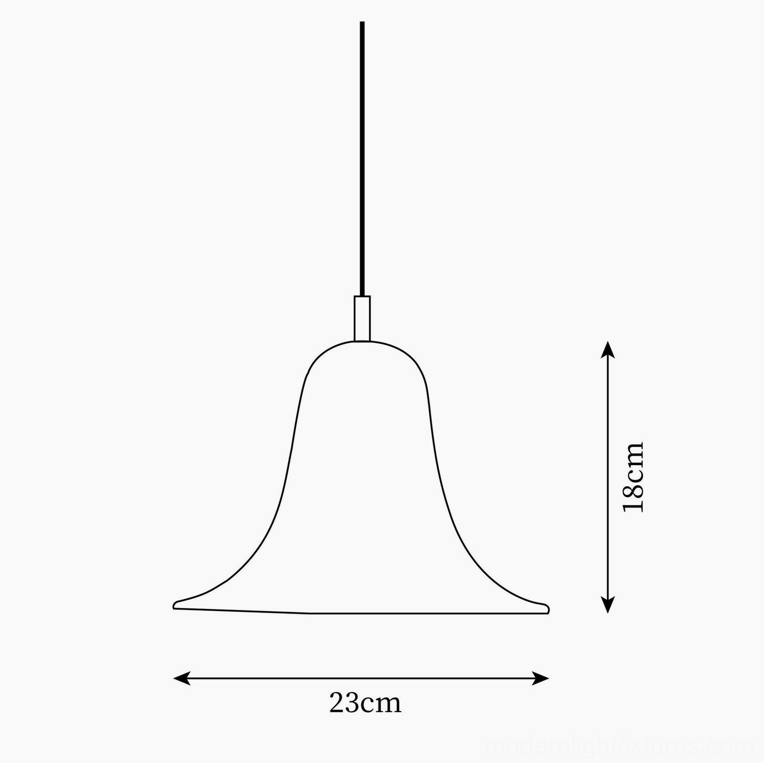 Bells pendant lamp technical drawing with dimension specifications, line art showing 23cm diameter and 18cm height measurements