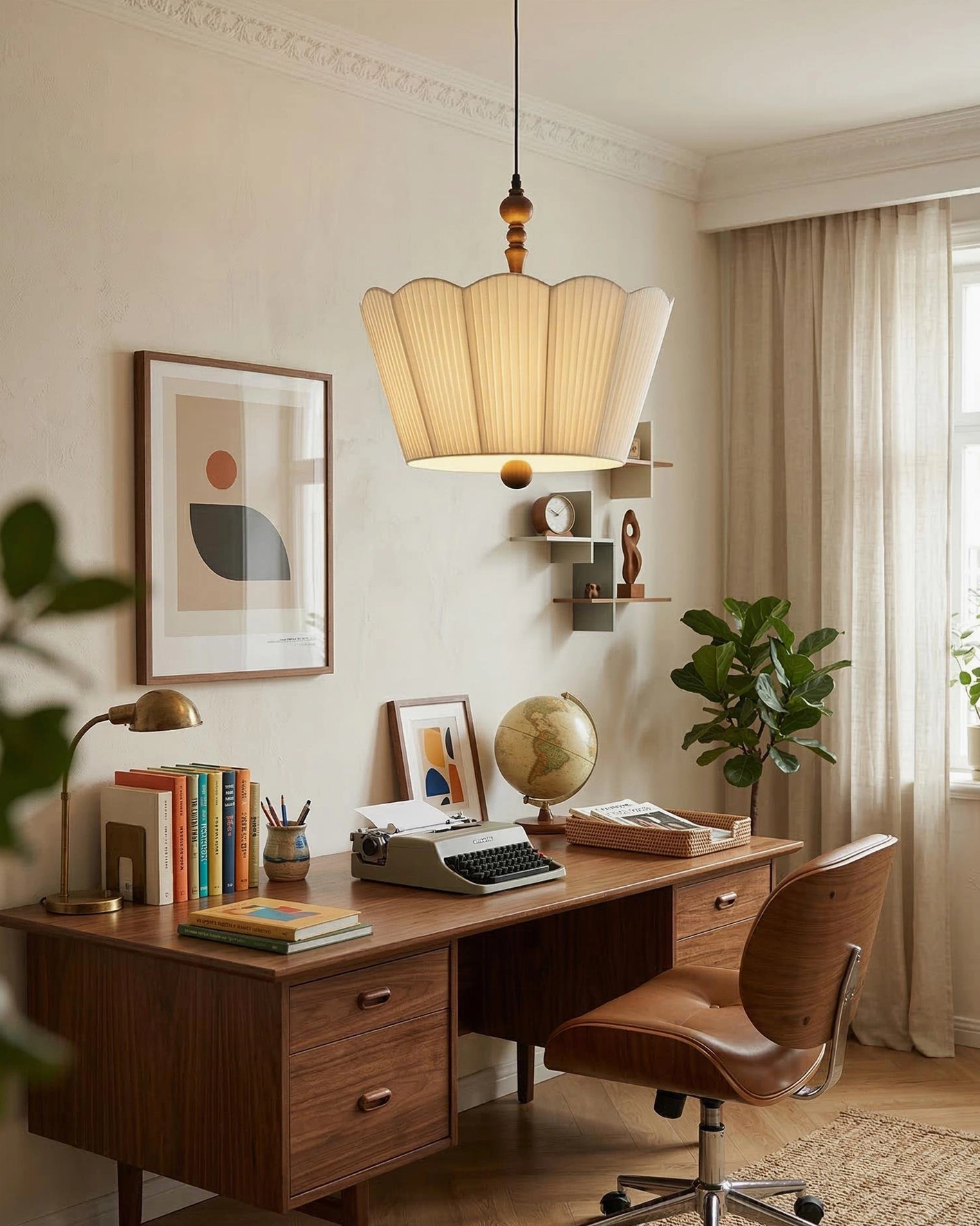 Bellune fabric pendant lamp in home office workspace with mid-century desk and ergonomic seating