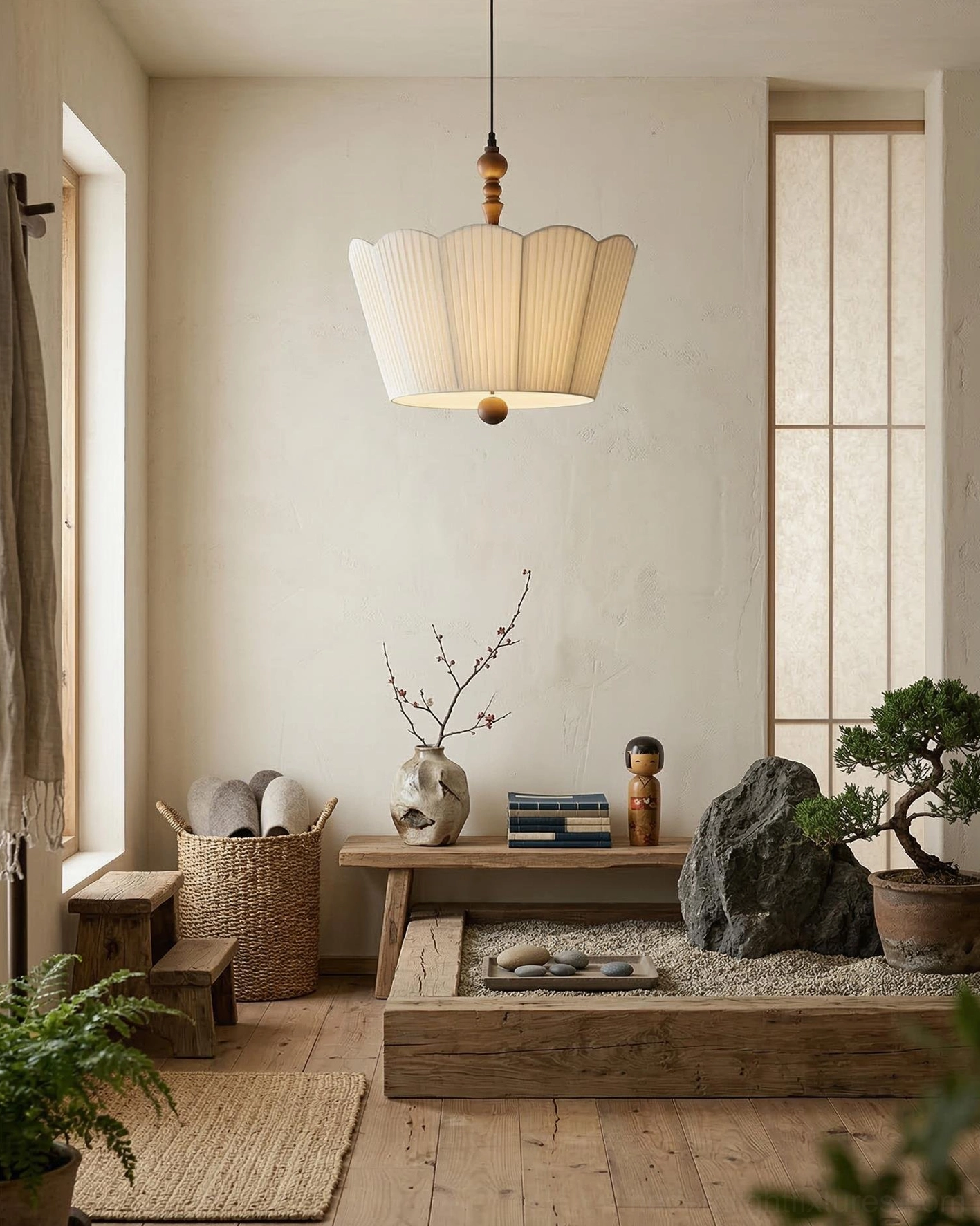 Bellune scalloped pendant light in minimalist Japandi style relaxation corner with potted plants