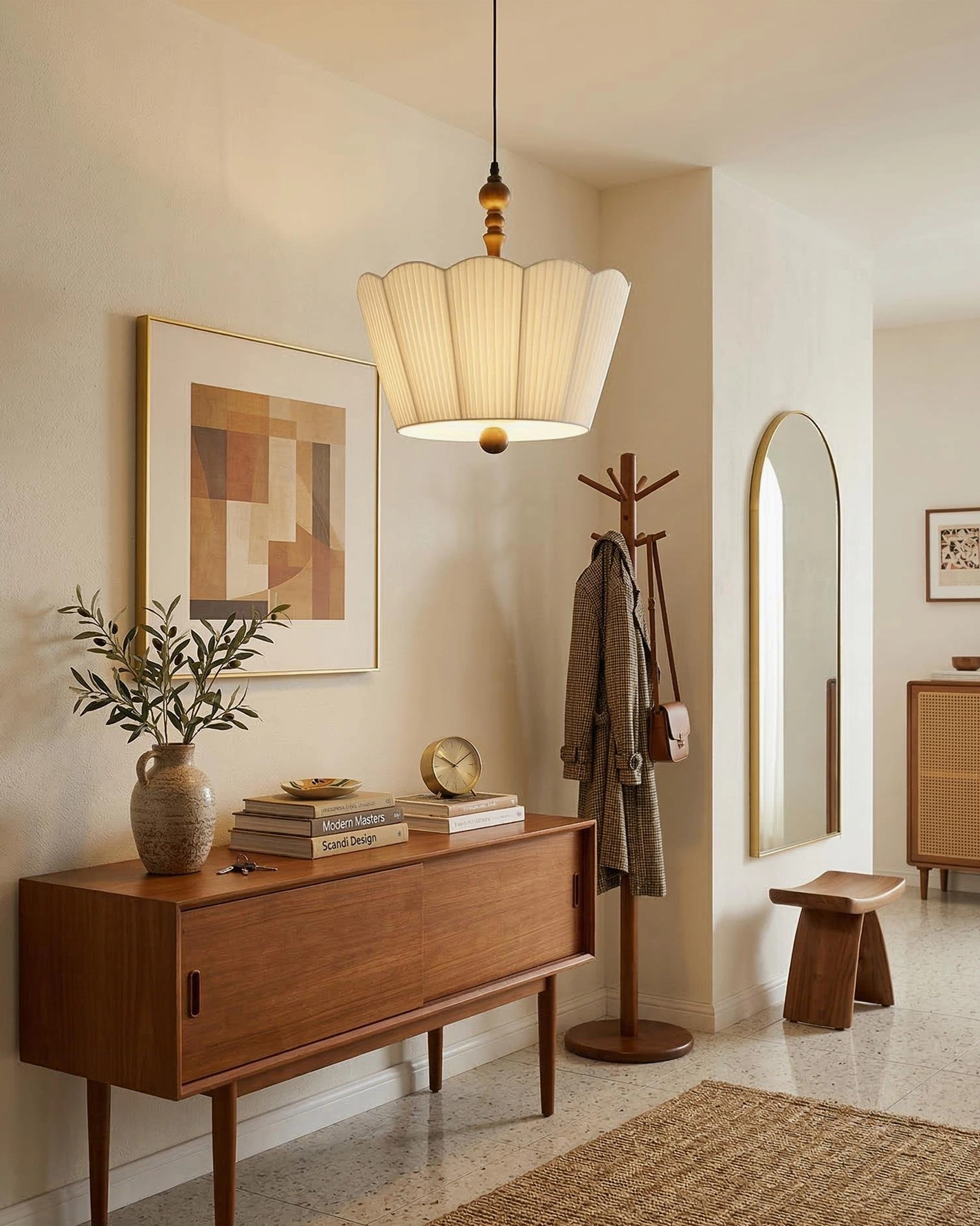 Bellune scalloped fabric pendant lamp in contemporary mid-century modern entryway with wooden sideboard