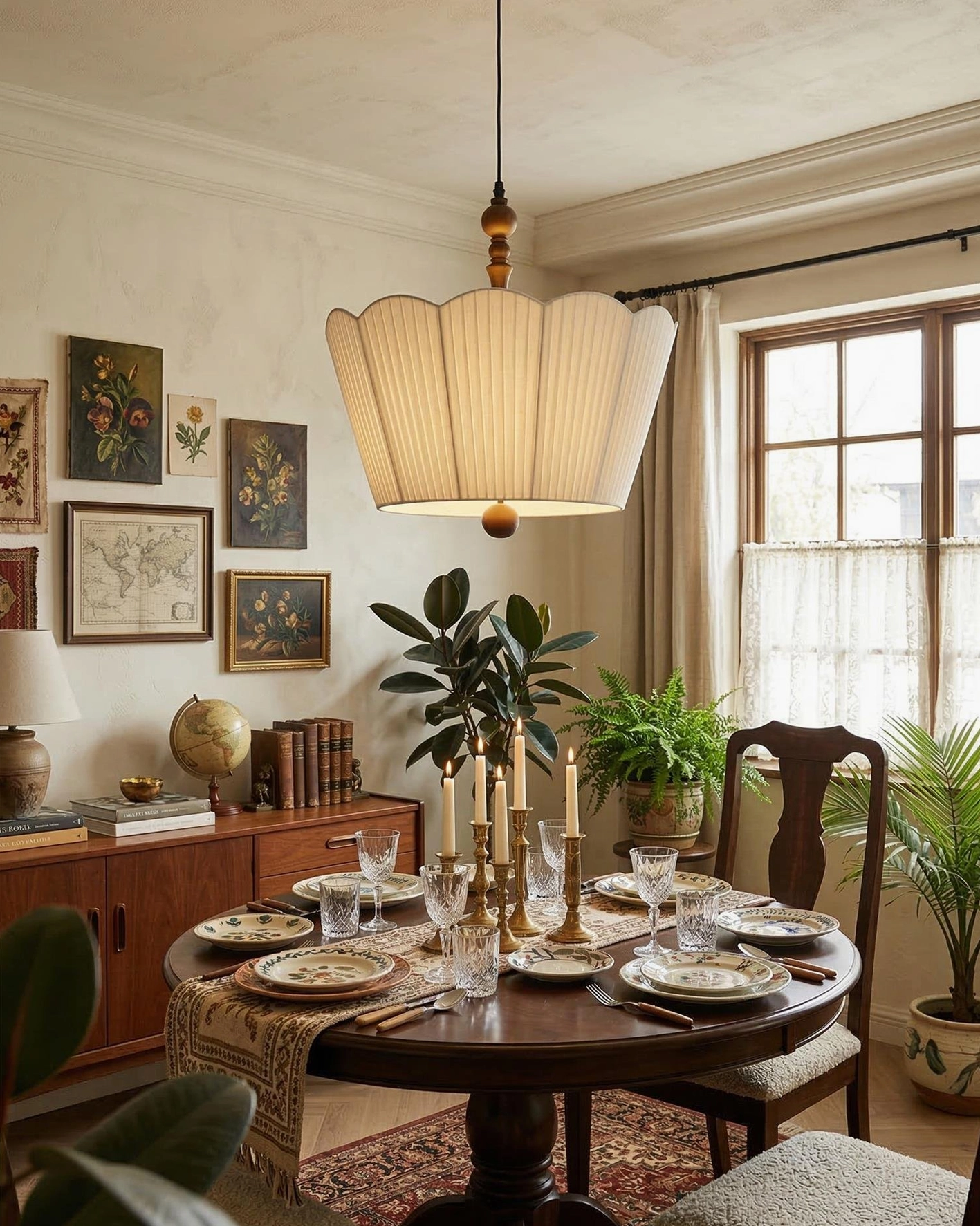 Bellune pleated vintage pendant lamp in eclectic dining room with gallery wall and plants