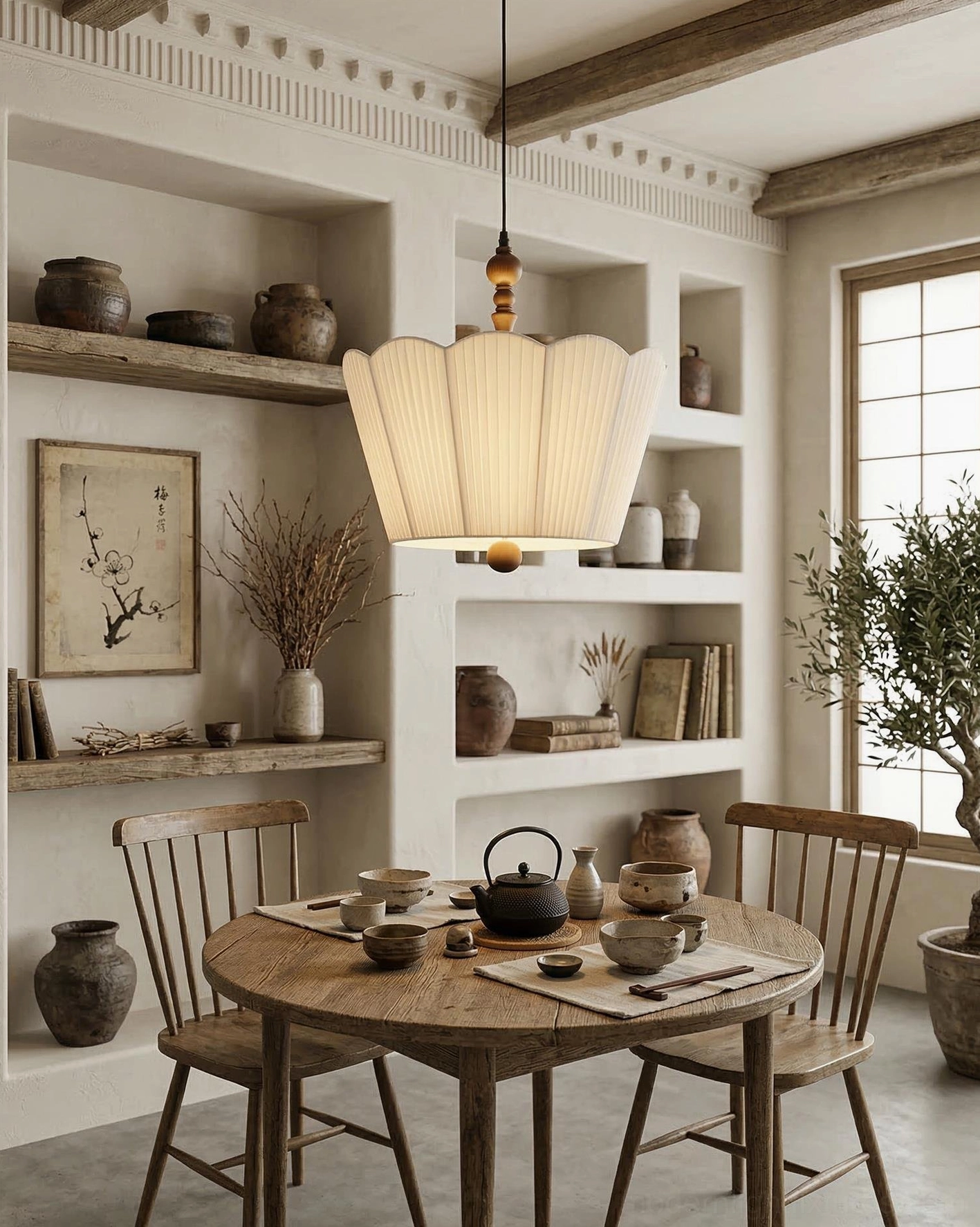 Bellune white pleated pendant lamp above farmhouse round wooden dining table with built-in shelves
