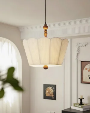 Bellune vintage fabric pendant lamp illuminated in warm neutral rustic living room setting