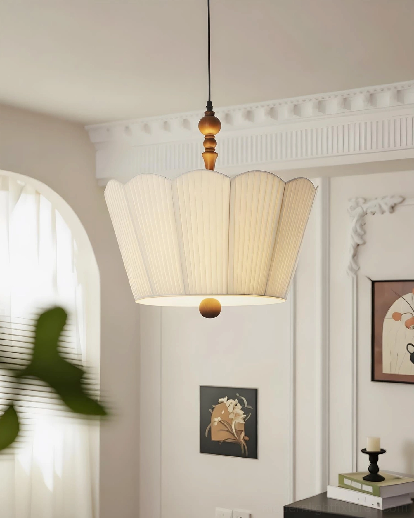 Bellune vintage fabric pendant lamp illuminated in warm neutral rustic living room setting