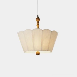 Bellune scalloped pleated white fabric pendant lamp with walnut wood finial and brass accents, front studio view