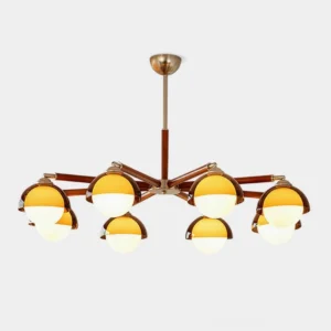 Belmont 8-light mid-century modern chandelier with acrylic spherical shades and walnut wood accents, front studio view