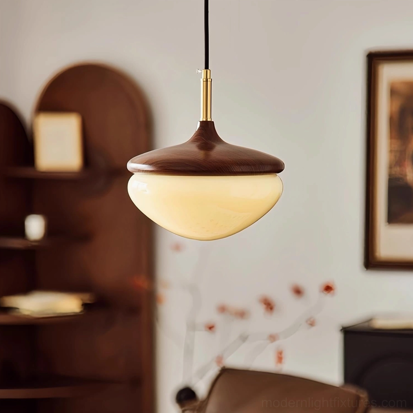 Belora Mid-Century Pendant Light in Vintage Home Lounge with Wooden Arch Detail