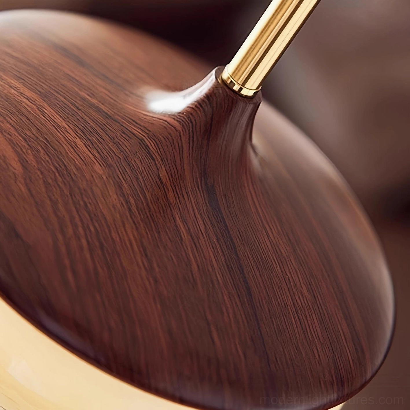 Belora Pendant Lamp Brass Metal Joint and Natural Walnut Wood Grain Close-up