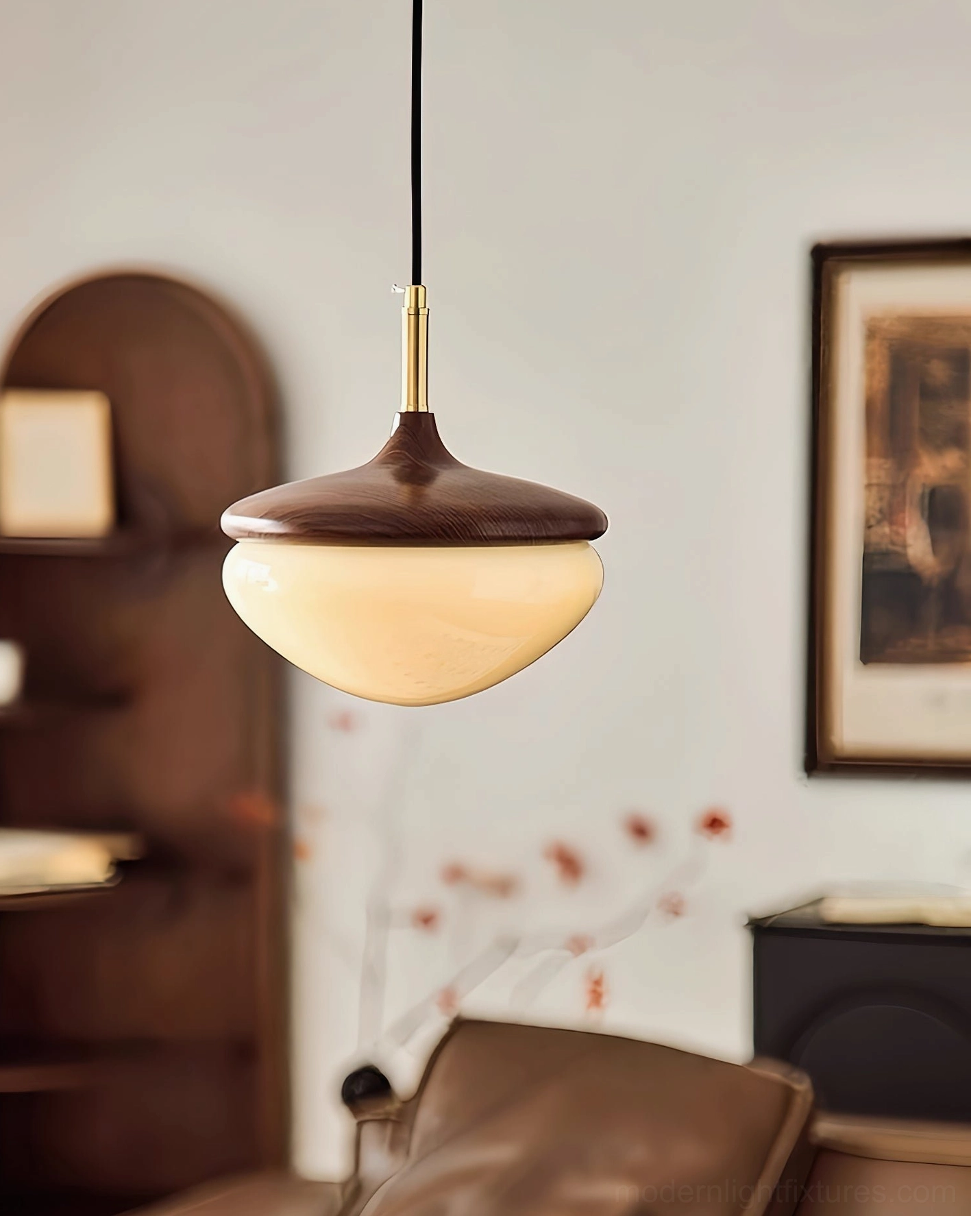 Belora Walnut Pendant Above Leather Sofa - Mid-Century Modern Home Design