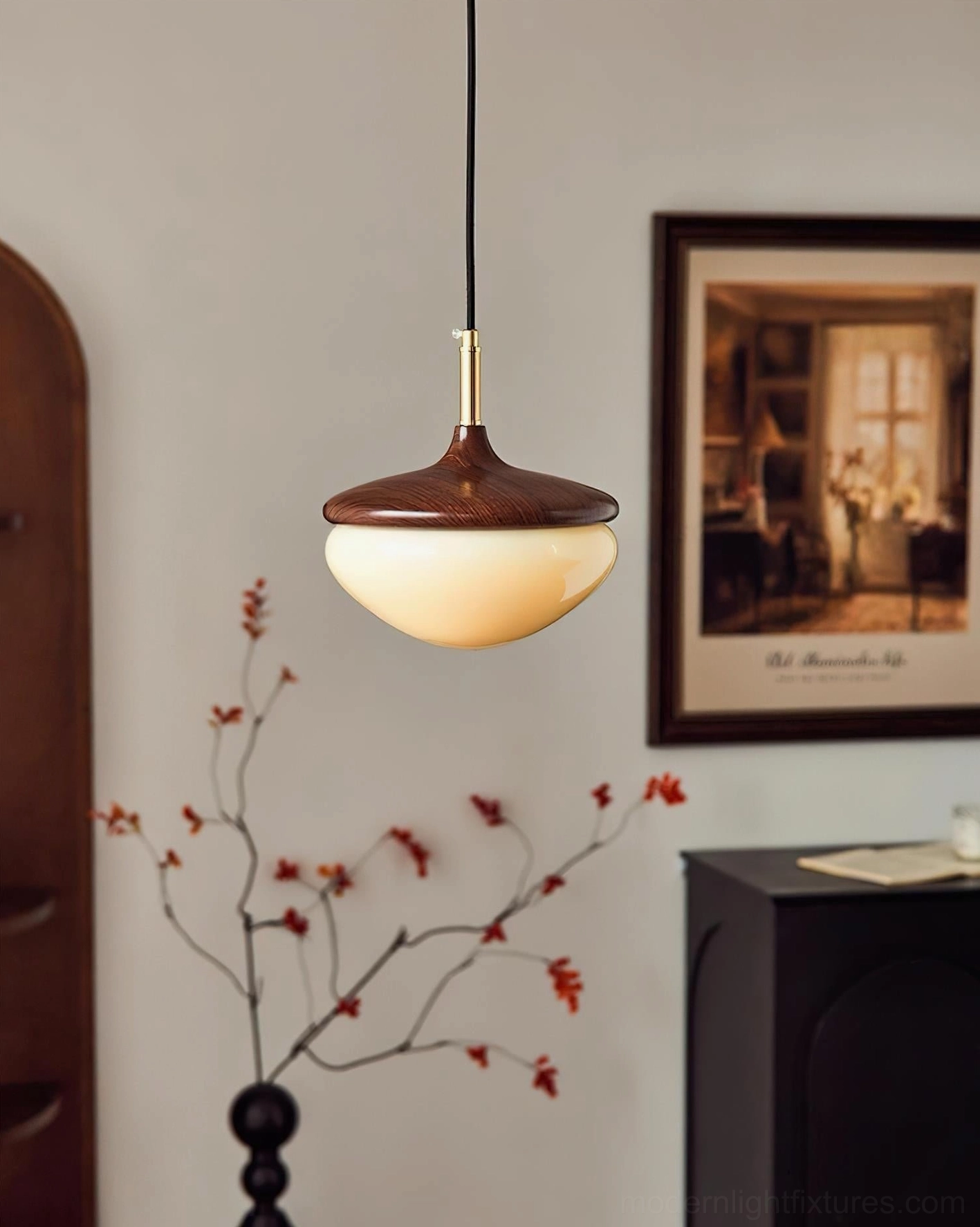 Belora Pendant Light Hanging in Vintage Living Room Over Decorative Corner