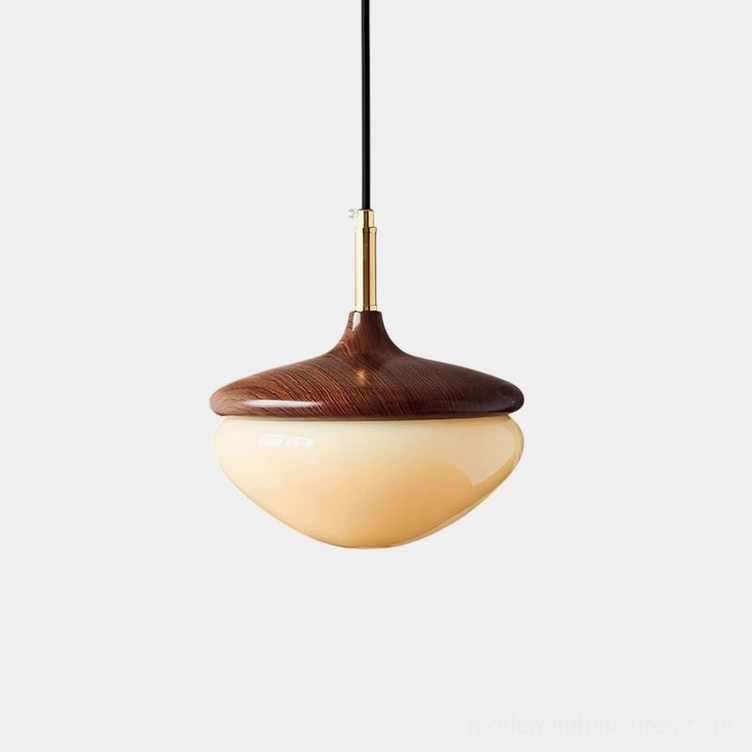 Belora Walnut Pendant Light with Opaline Glass Shade - Modern Minimalist Front View